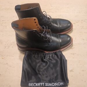 Beckett Simonon Black Leather Cap-Toe Lace-Up Boots with Brown Welt